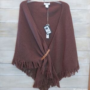 House of Harlow 1960 chocolate brown women knit fringe buckle wrap Shawl OS NWT